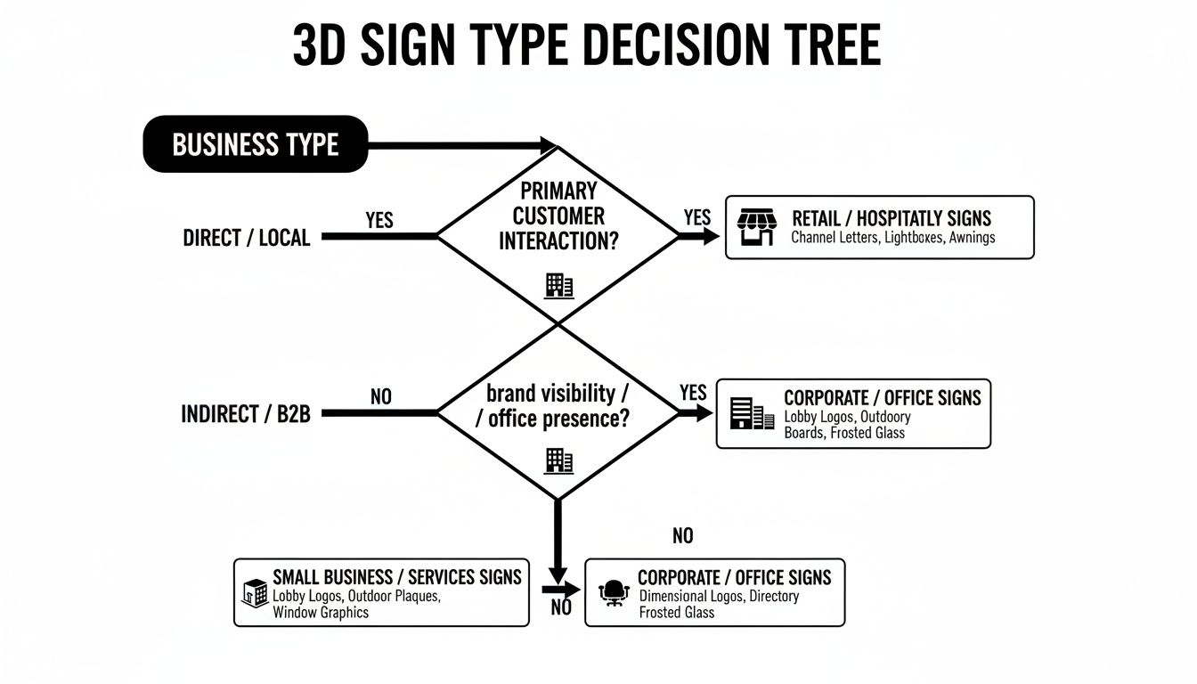 3D sign type decision tree categorizing signs for retail, corporate, and small businesses.