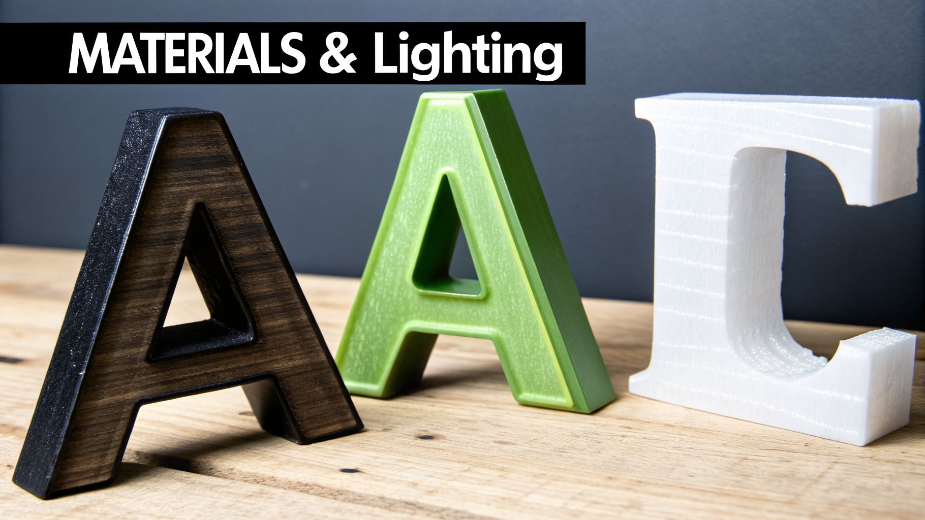 Three 3D letters of varying materials on a wooden surface, with 'MATERIALS & Lighting' text.
