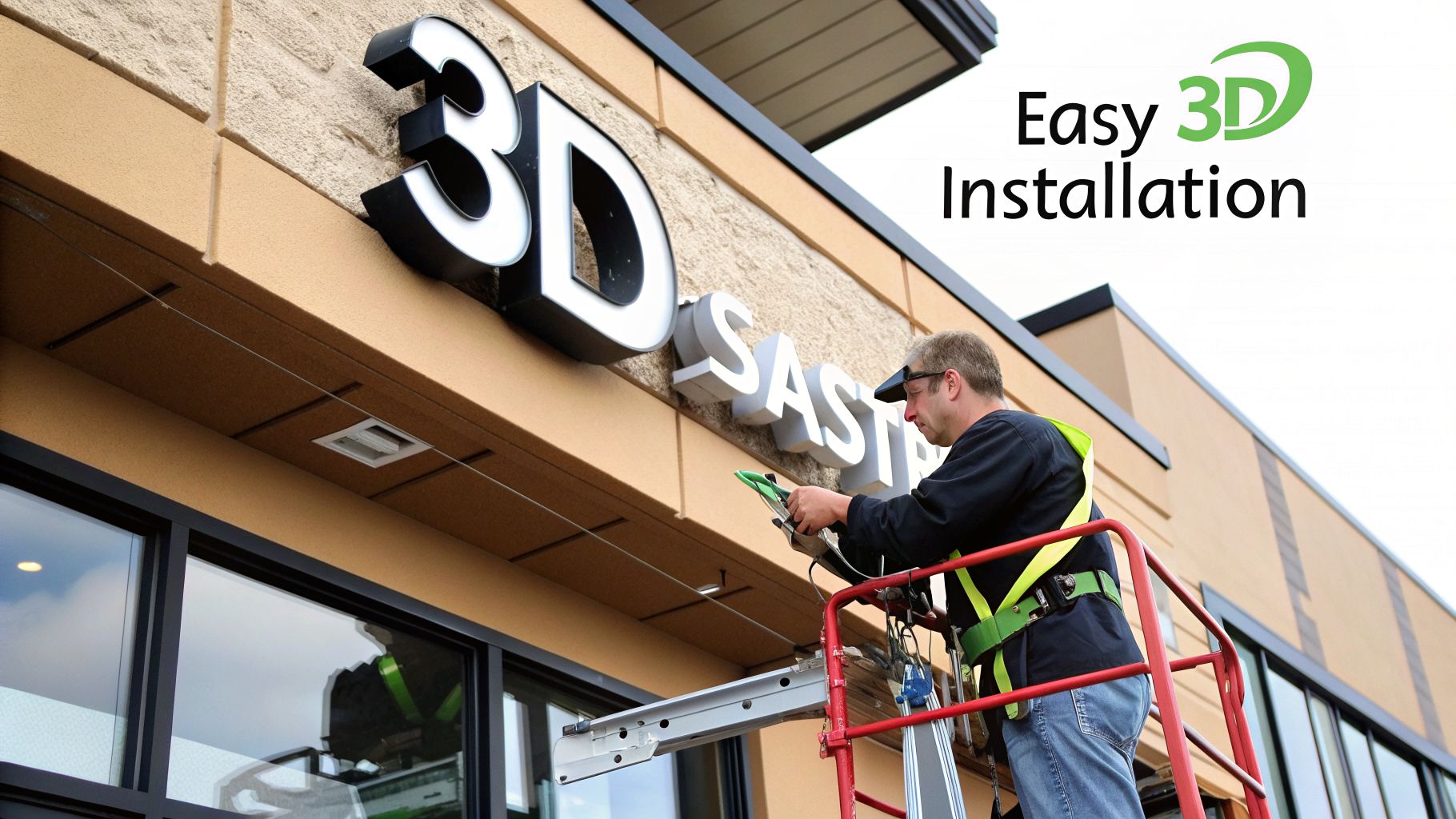 Man on a lift installing white 3D letter signs on a building facade, showcasing easy installation.