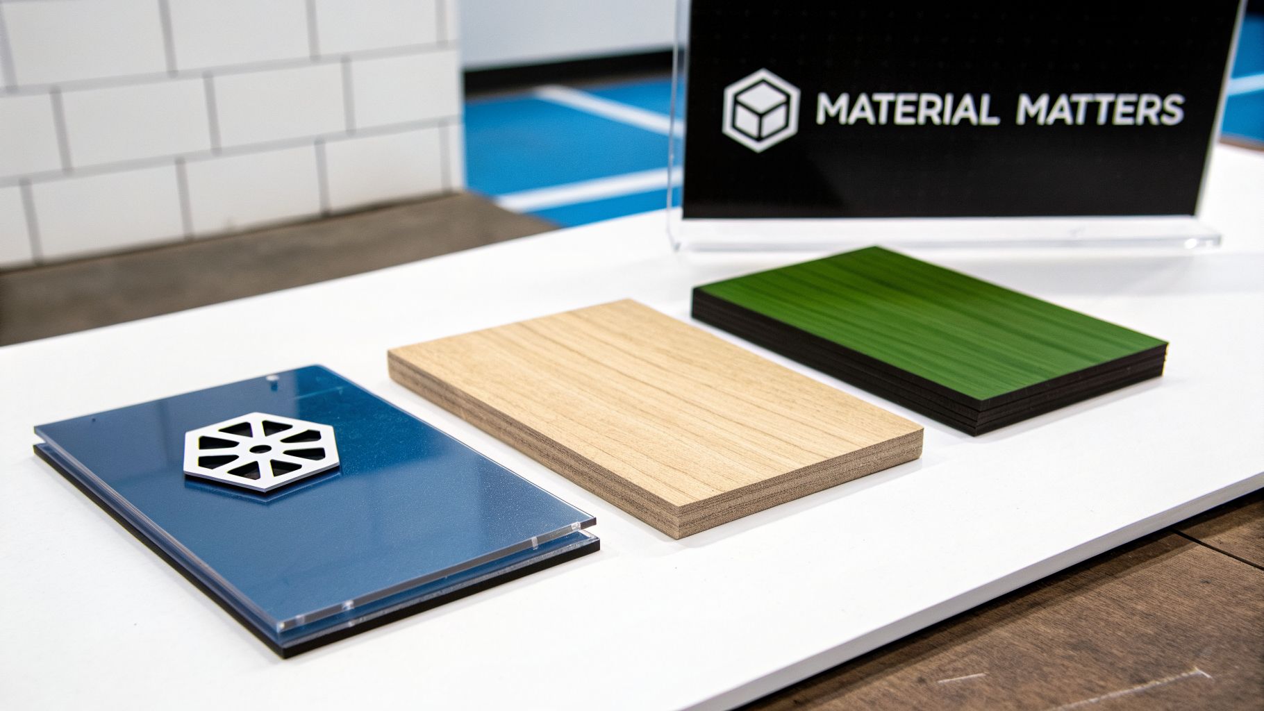 Three material samples: blue acrylic with a white logo, light wood, and green layered composite, displayed with a 'Material Matters' sign.