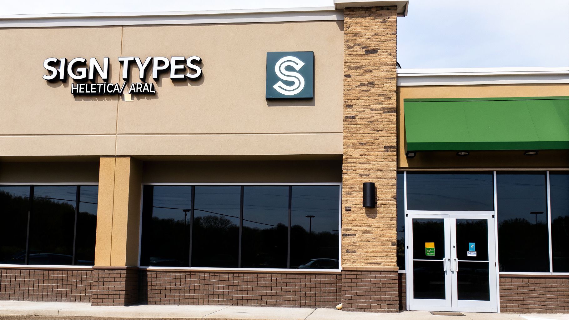 A commercial storefront featuring a modern 3D 'SIGN TYPES' logo and green awning.