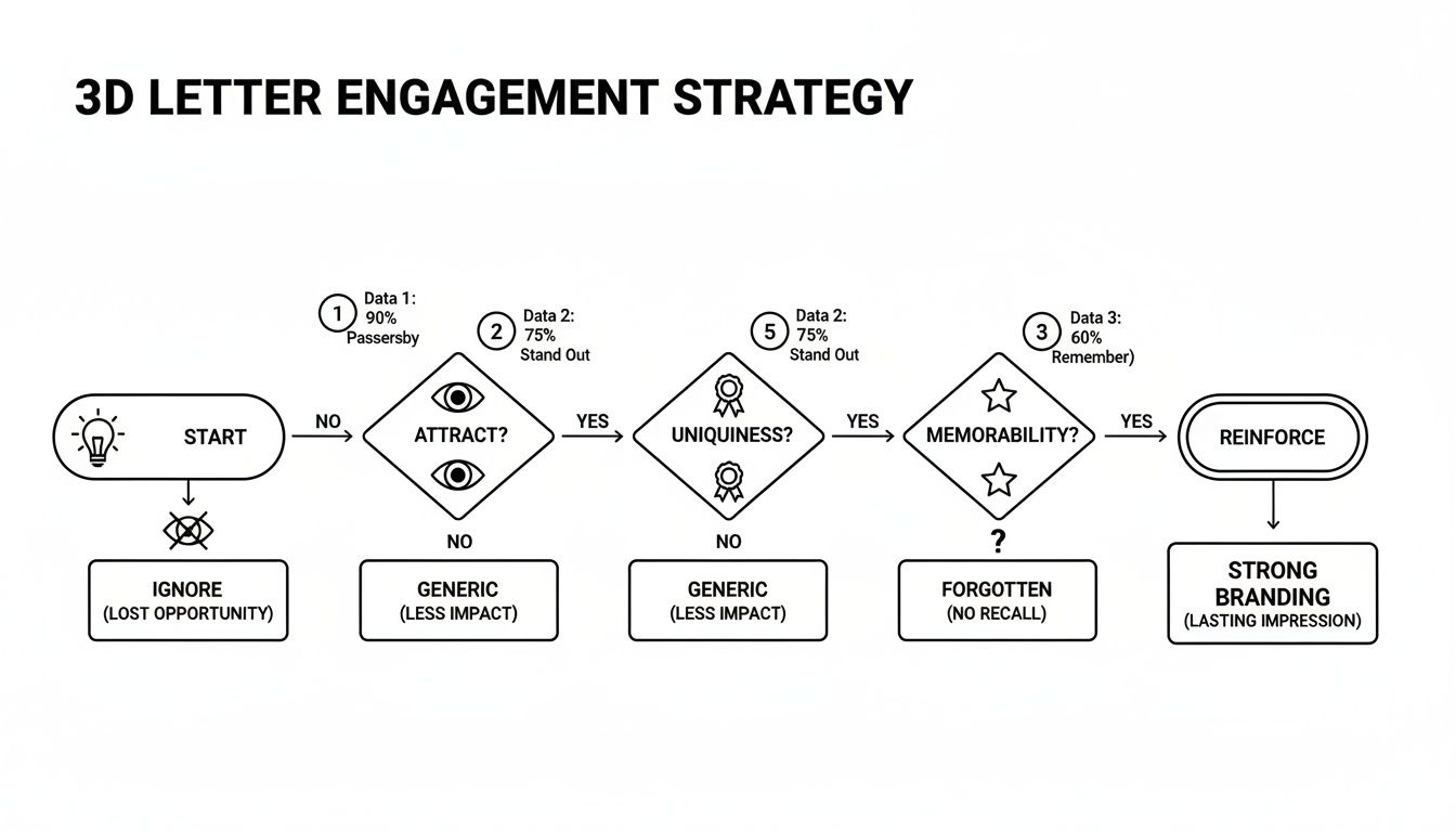 Flowchart illustrating a 3D letter engagement strategy with steps from attraction to strong branding.