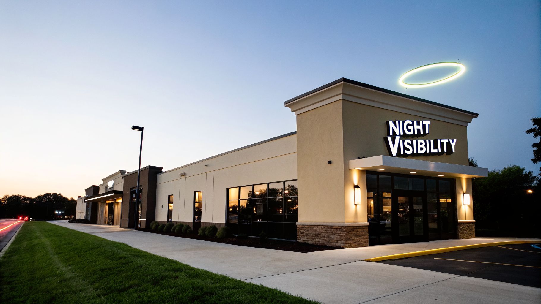 Illuminated commercial building with a 'Night Visibility' sign and glowing ring on the roof at dusk.