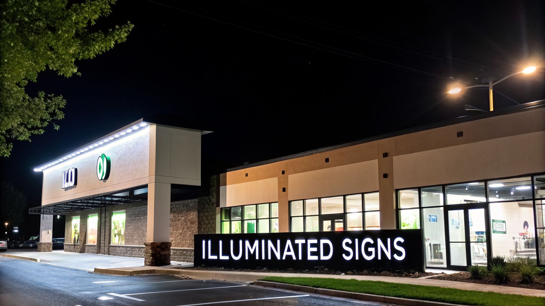 A brightly lit business building at night with prominent illuminated signs.