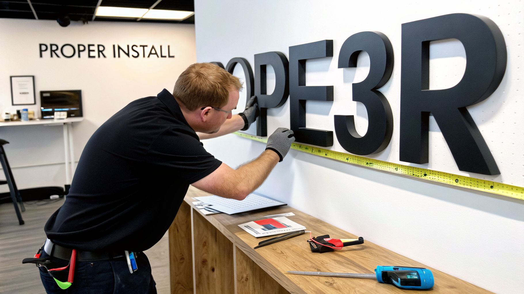 A man wearing gloves meticulously installs black 3D letters onto a white wall, using a tape measure for precision.