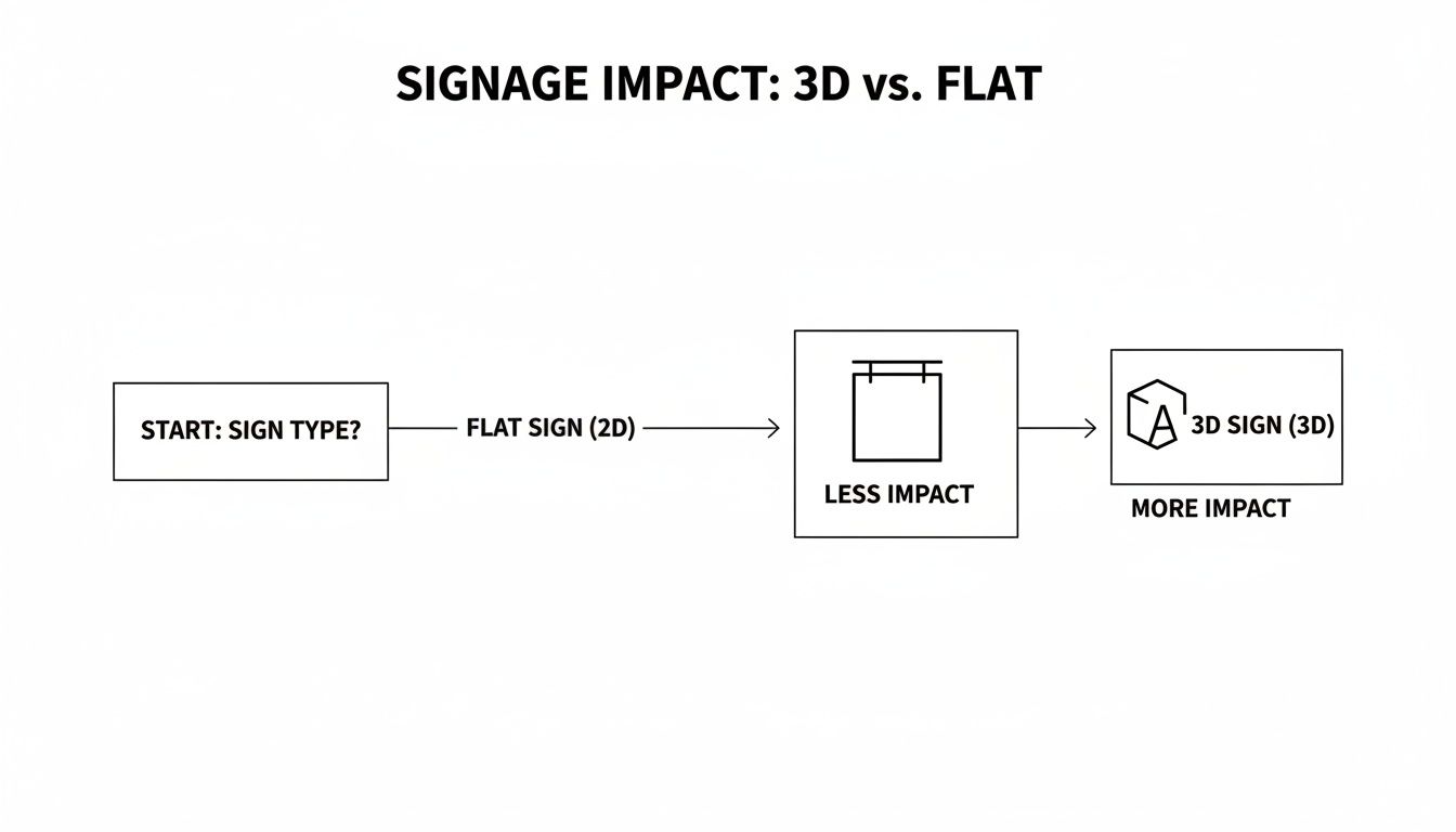 A flowchart comparing signage impact, showing 3D signs have more impact than flat 2D signs.