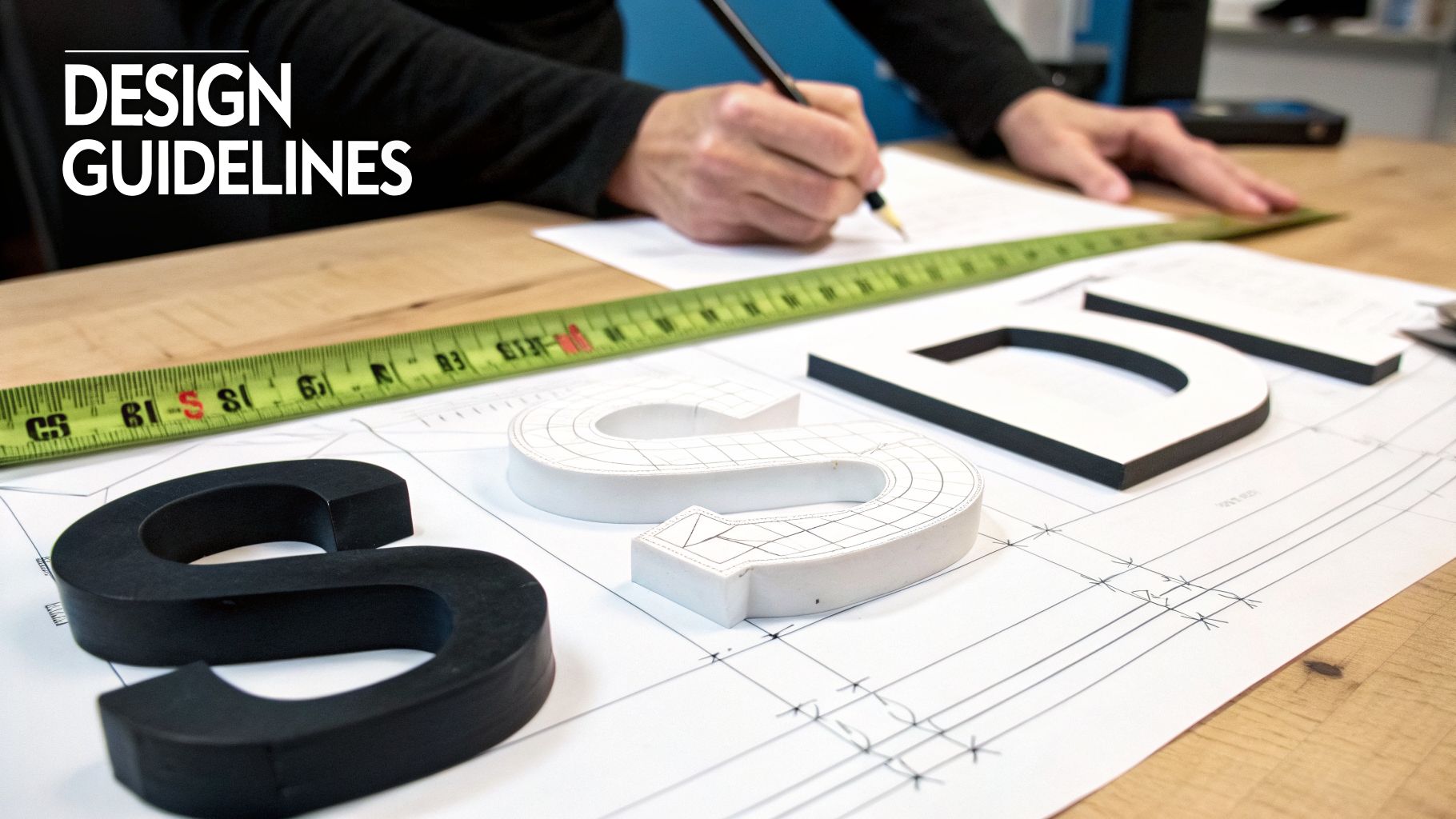 Close-up of a designer's hands sketching plans for 3D sign letters on a blueprint with a tape measure.