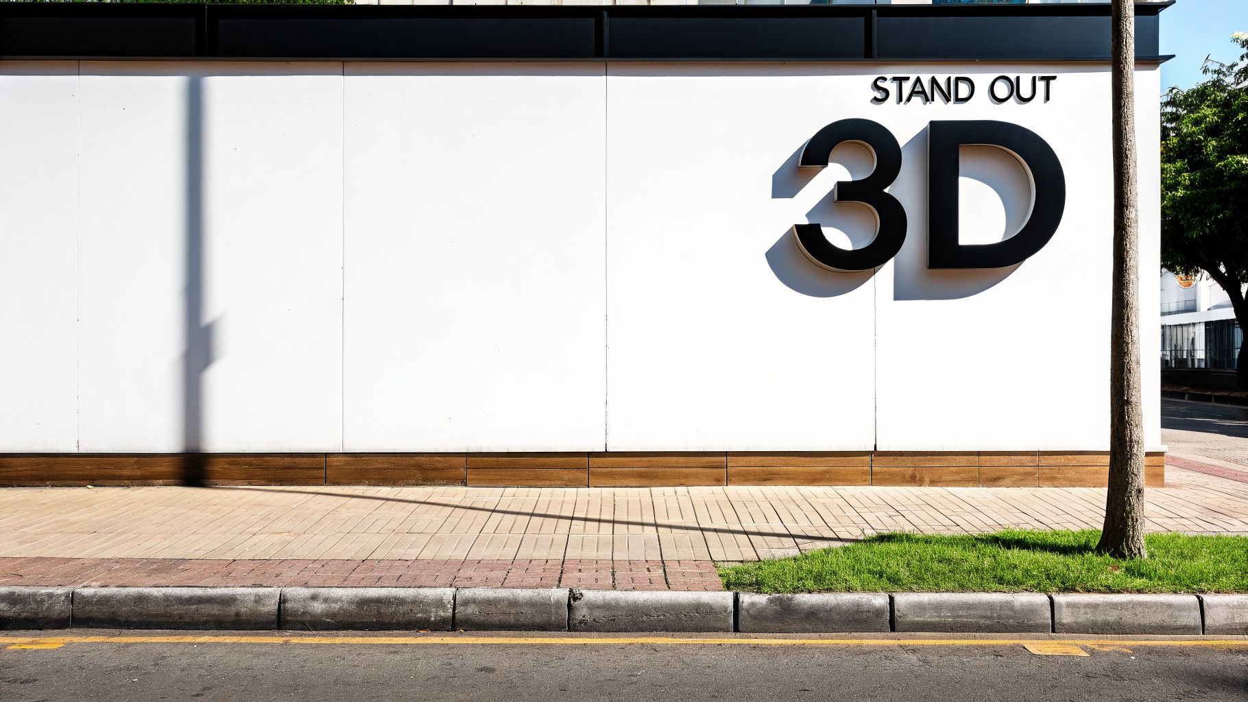 Large black 'STAND OUT 3D' sign on a white building wall above a sunlit sidewalk and tree.