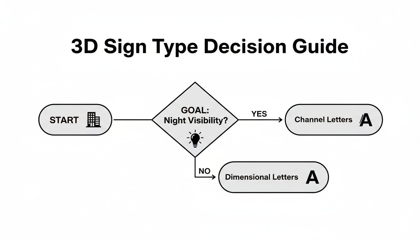 Flowchart for choosing 3D sign types: Channel Letters for night visibility, Dimensional Letters otherwise.