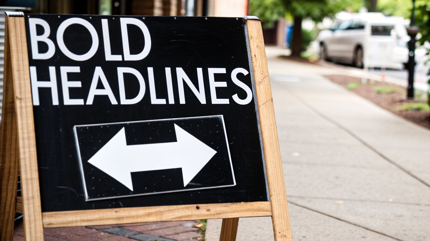 A black A-frame sign on a sidewalk advertises "BOLD HEADLINES" with a two-way arrow.