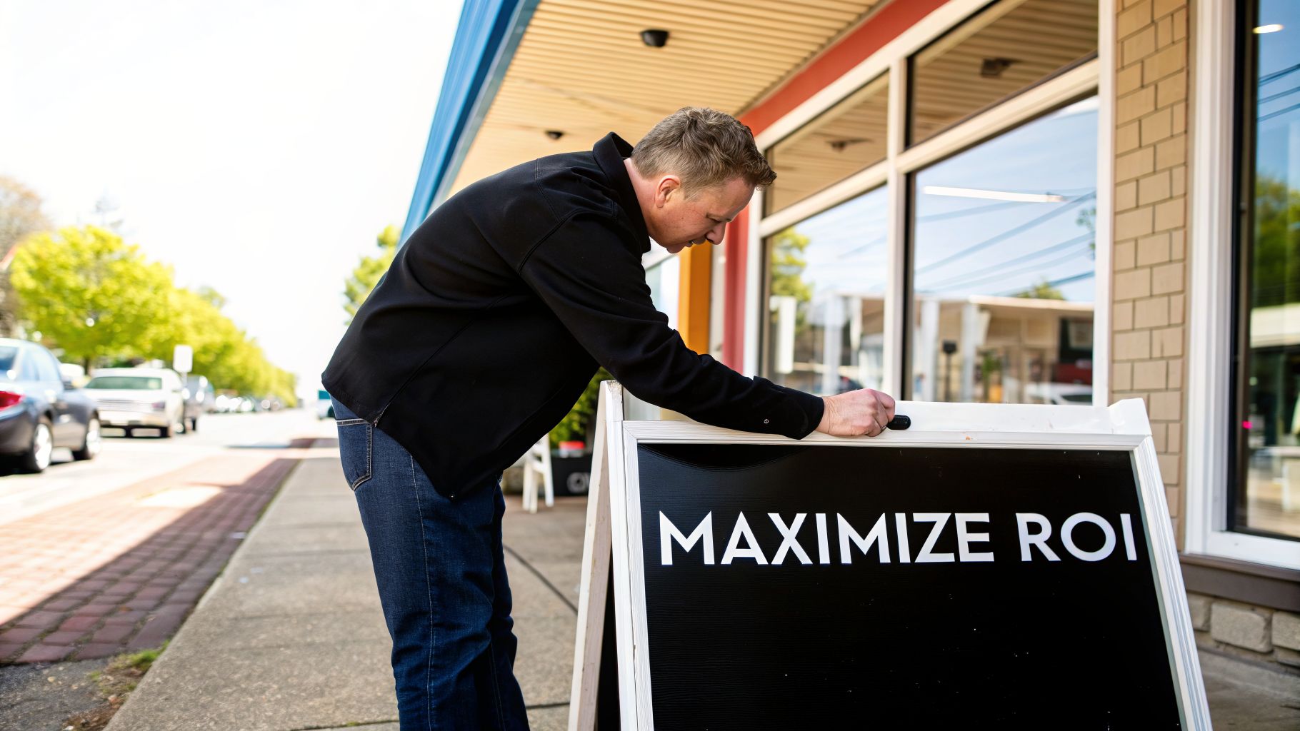 Man adjusts an A-frame business sign displaying 'MAXIMIZE ROI' on a sidewalk outside a building.
