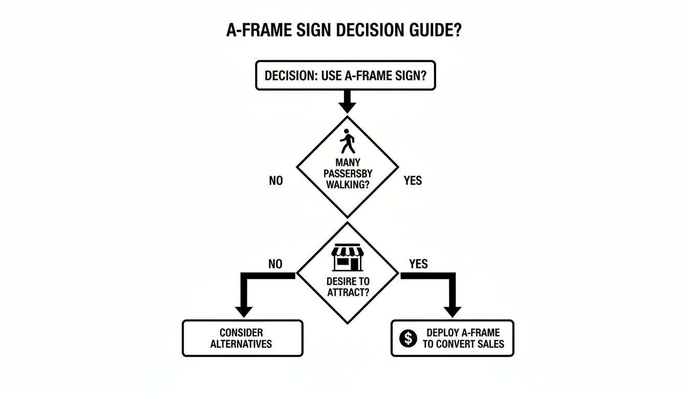 A flowchart guides the decision to use A-frame signs based on foot traffic and desire to attract.