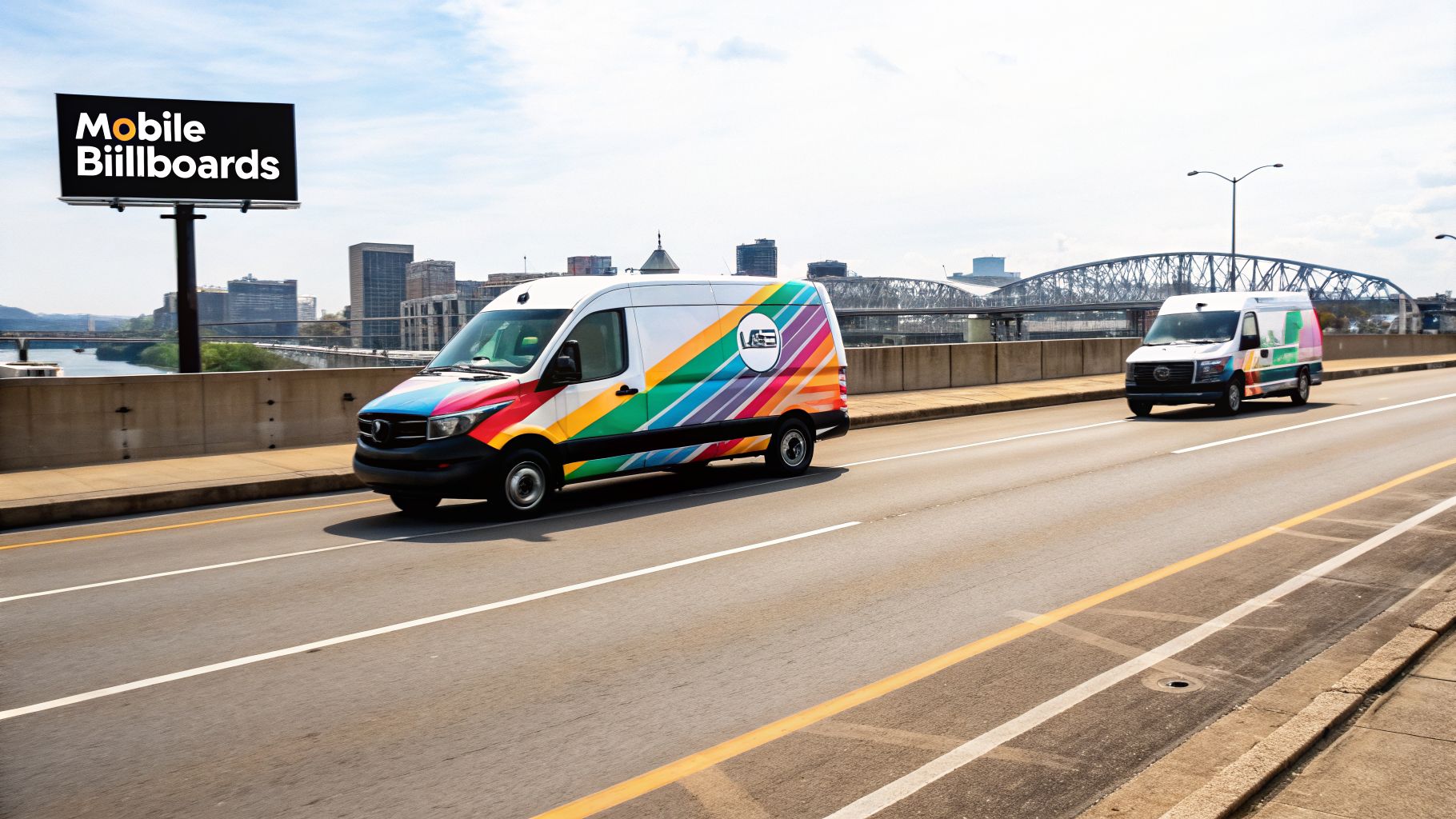Vans featuring vibrant car wraps promoting mobile billboards on a highway in a city.