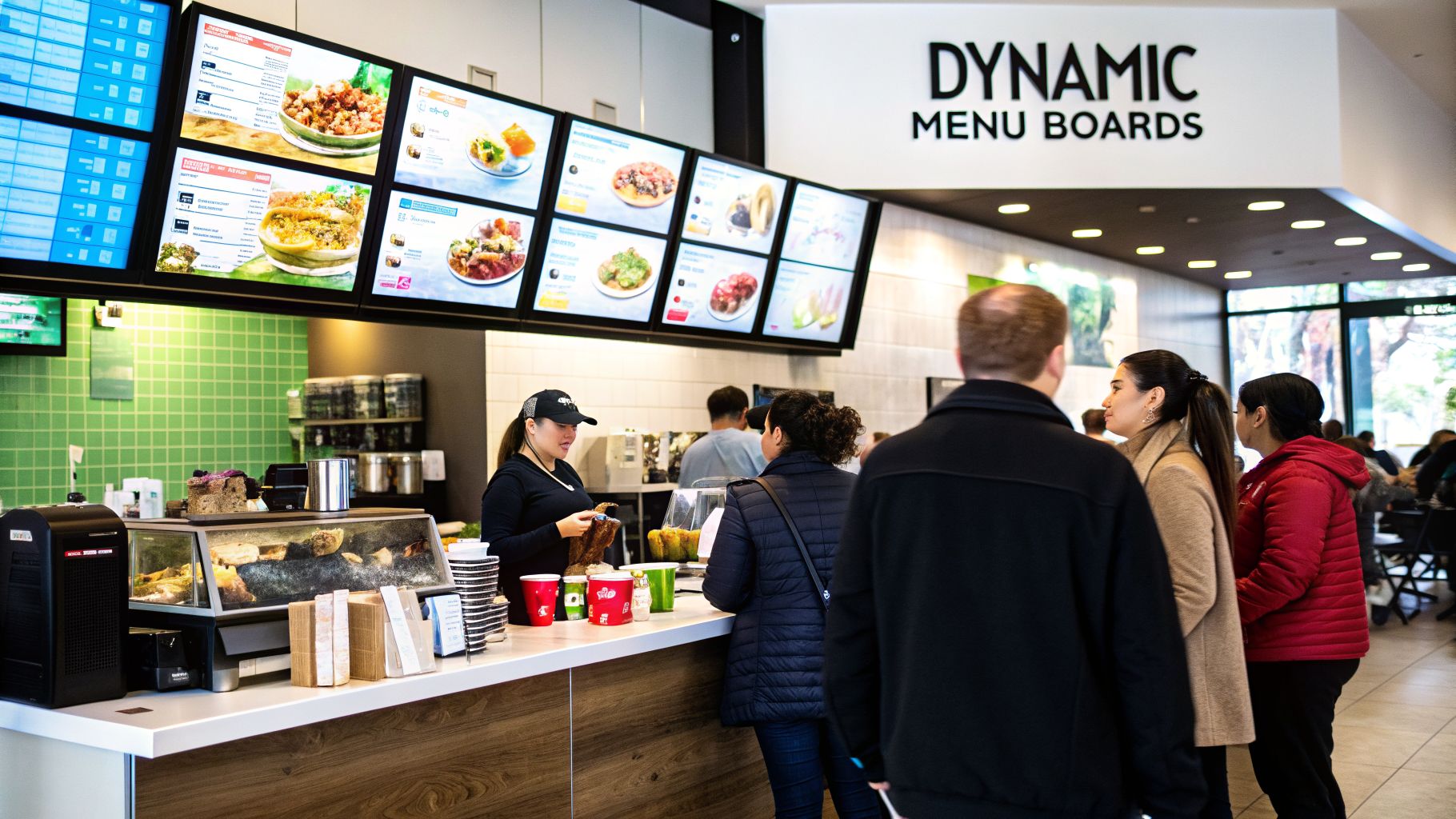 Customers ordering food at a modern restaurant counter with large digital menu boards overhead.