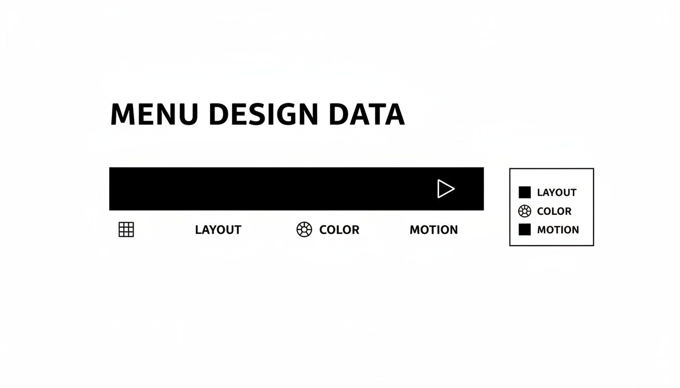 Menu design data interface with categories for layout, color, and motion features presented visually.