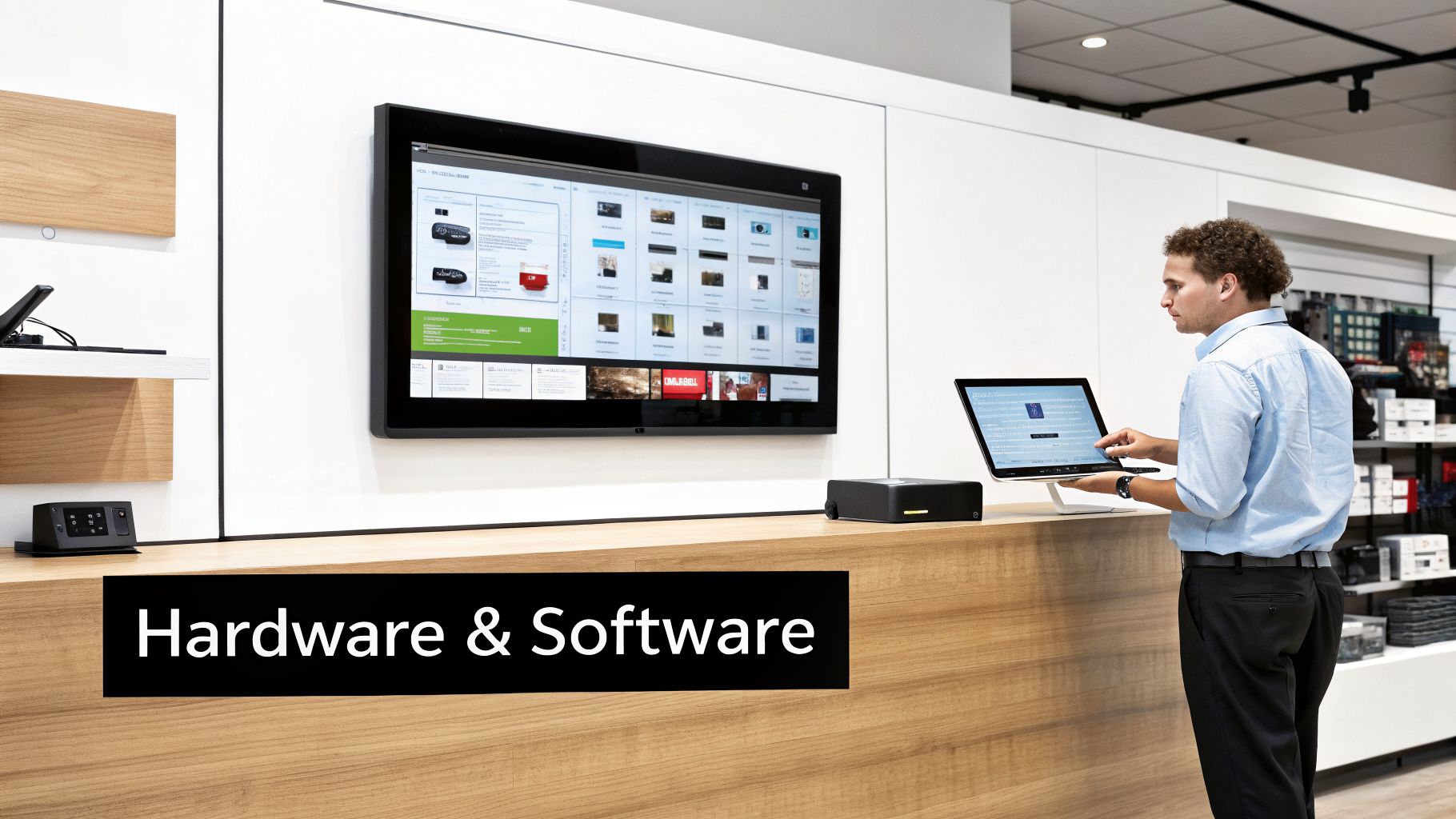 A man interacts with a touch screen tablet in a modern tech showroom featuring a large digital menu board.
