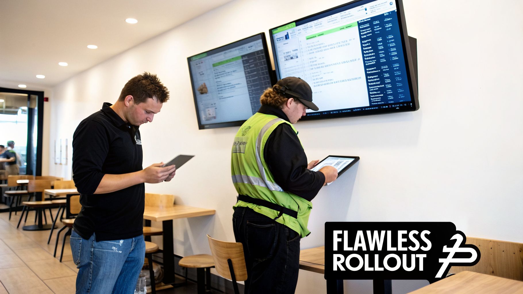 Two men using tablets in a modern restaurant setting, inspecting large digital menu boards.