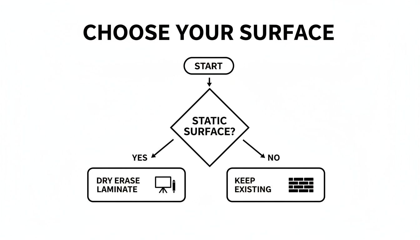 Flowchart guiding surface selection: static leads to dry erase laminate, non-static to existing surface.