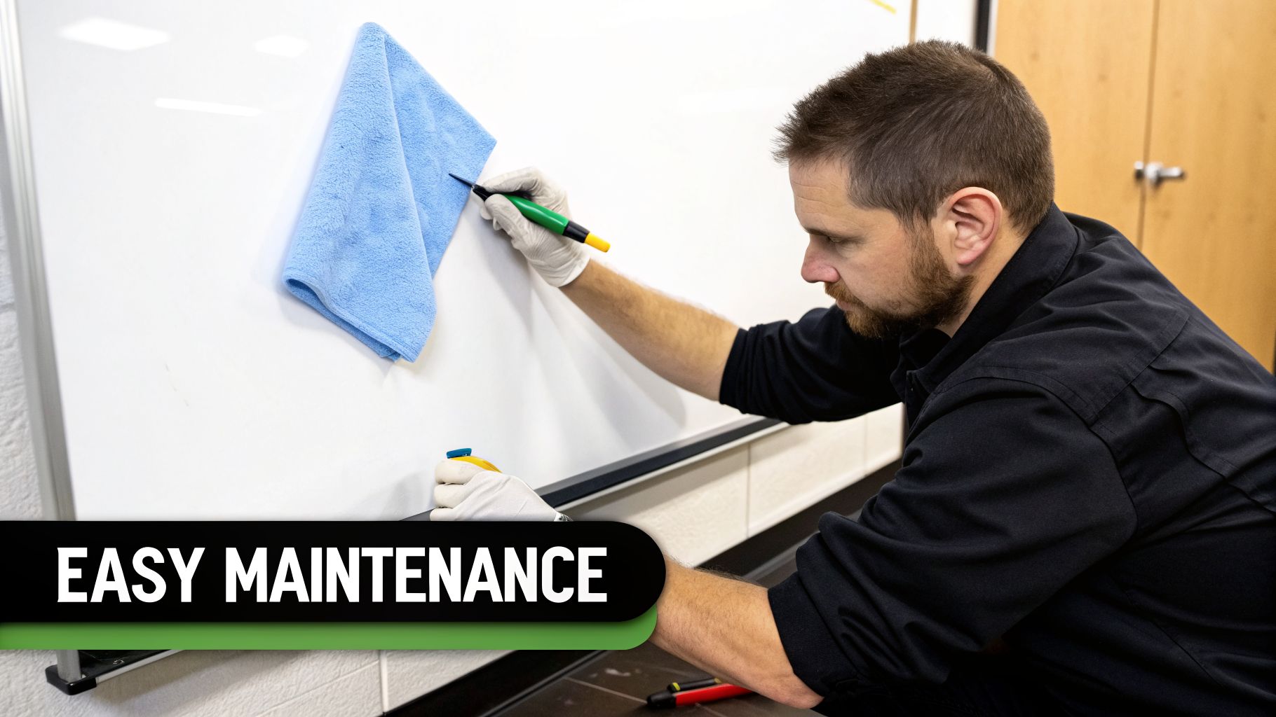 A man in white gloves cleans a white board with a blue cloth and spray for easy maintenance.