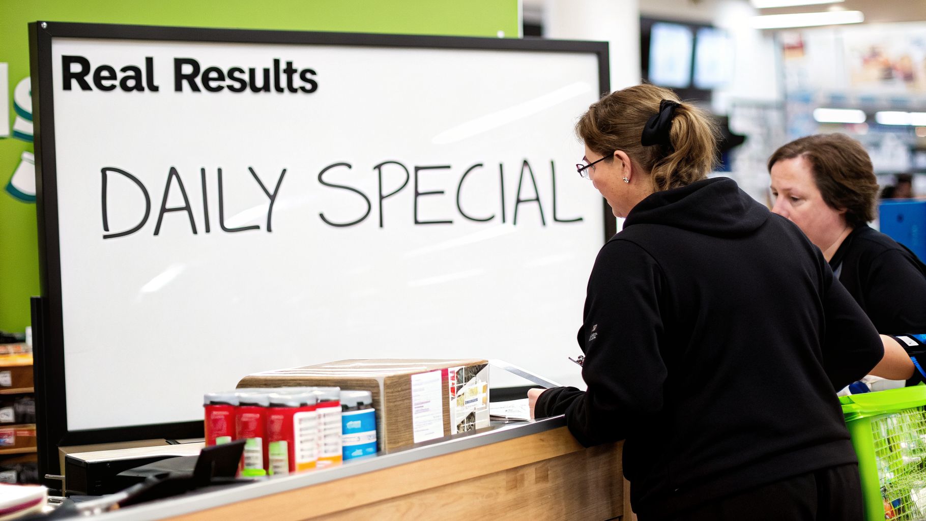 Two women at a counter looking at a large whiteboard displaying 'Real Results' and 'DAILY SPECIAL'.