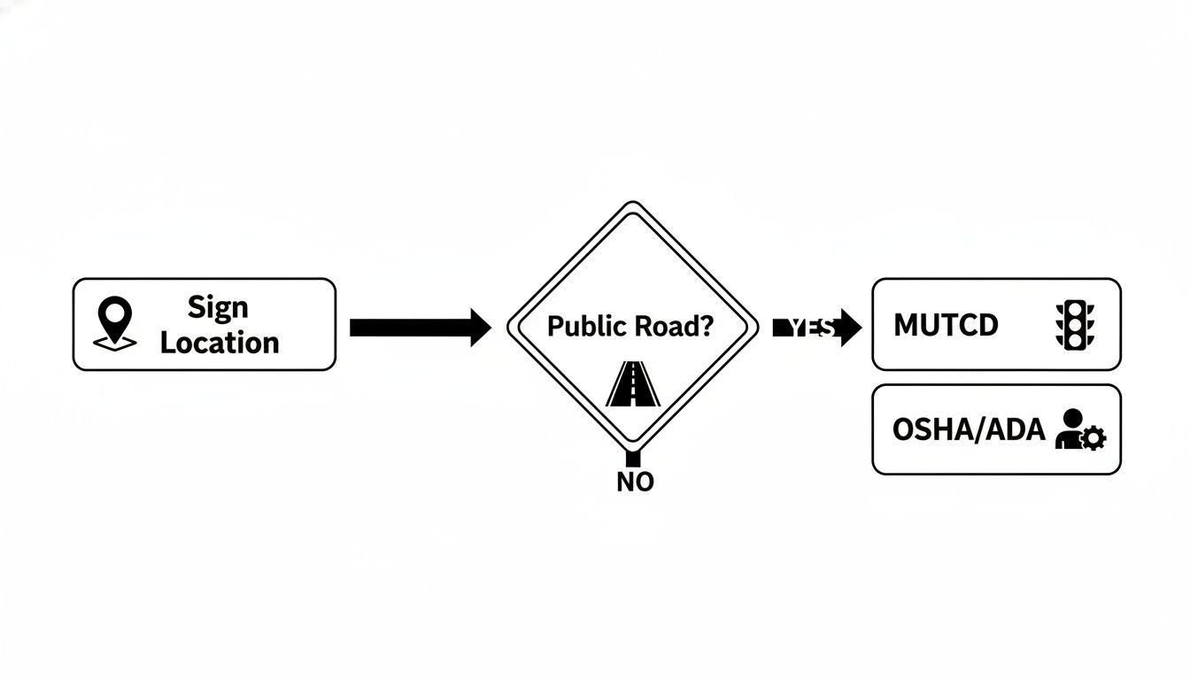Flowchart illustrating sign location decisions, distinguishing between public roads (MUTCD) and non-public roads (OSHA/ADA).