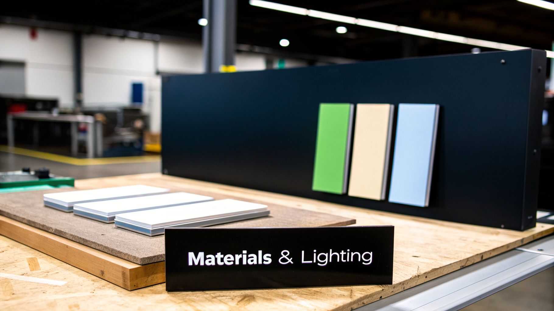 A display of material and lighting samples, including colorful swatches and white blocks, in a workshop.