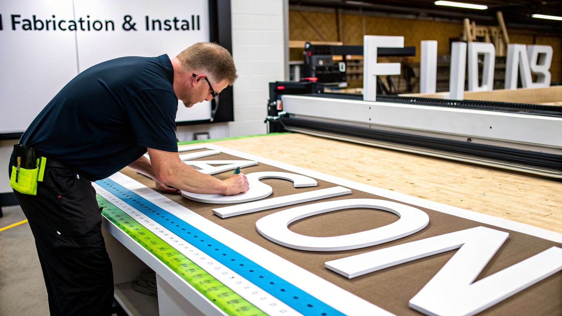 A man carefully marks large white sign letters on a workshop table for fabrication.