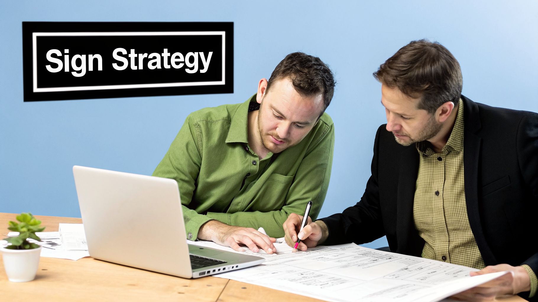 Two men collaborate on architectural plans at a desk, with a laptop and a 'Sign Strategy' sign.