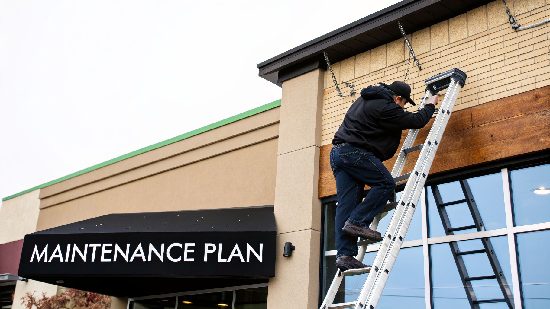 A worker on a ladder performing maintenance on a building with a "MAINTENANCE PLAN" sign.