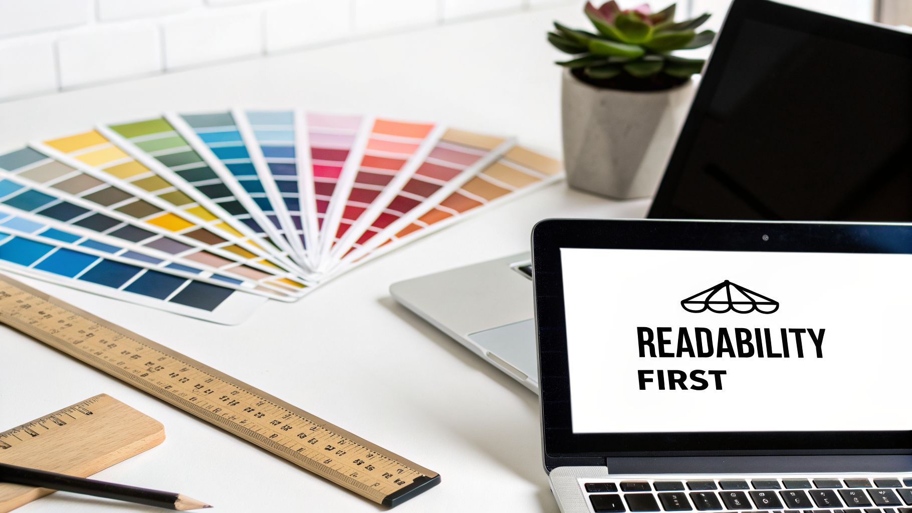 A designer's desk with a laptop displaying 'READABILITY FIRST', a color swatch fan, and a ruler.