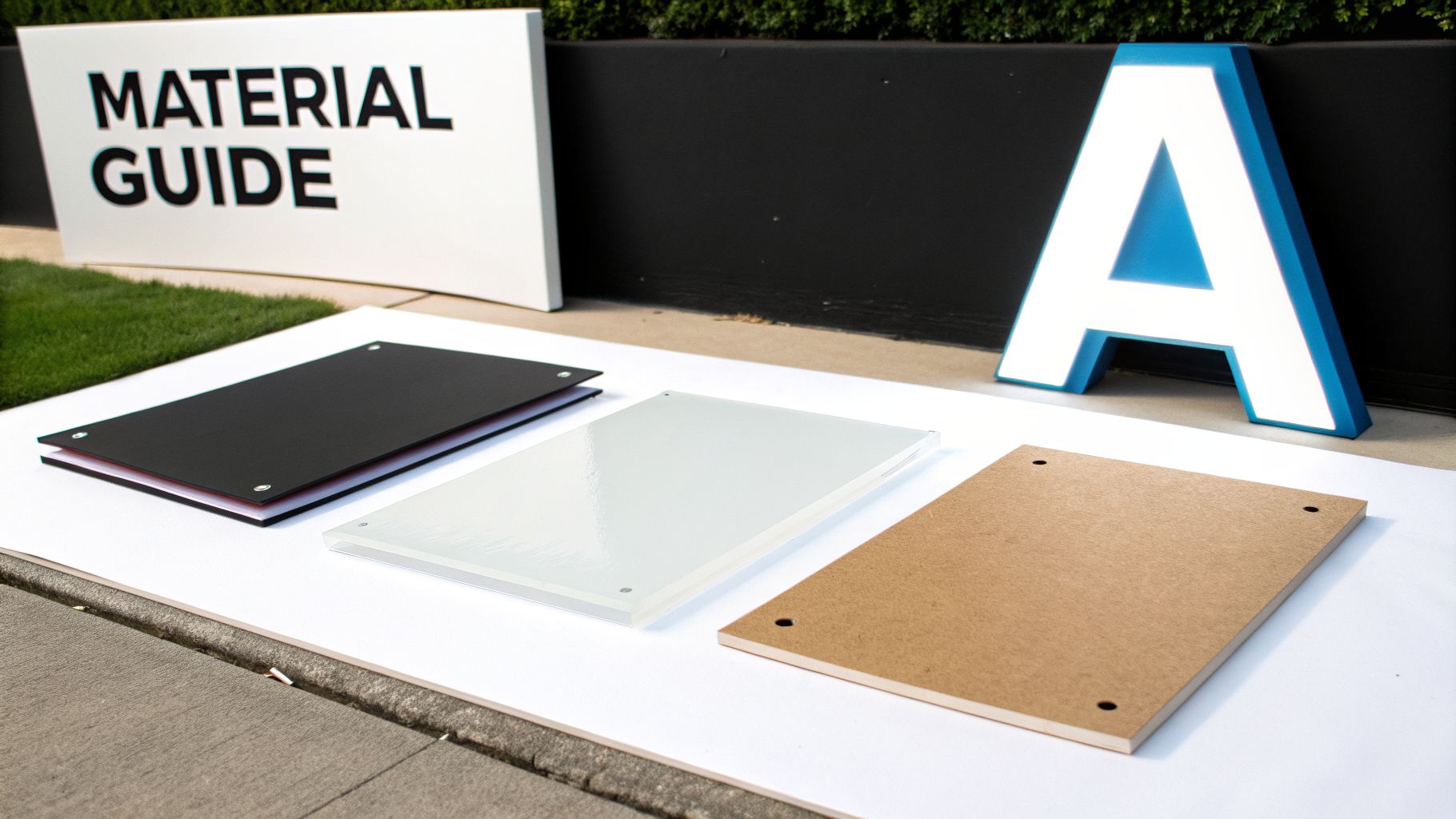 Three sign material samples: black, white, and wood, laid out with a 'MATERIAL GUIDE' sign and a large blue letter 'A'.