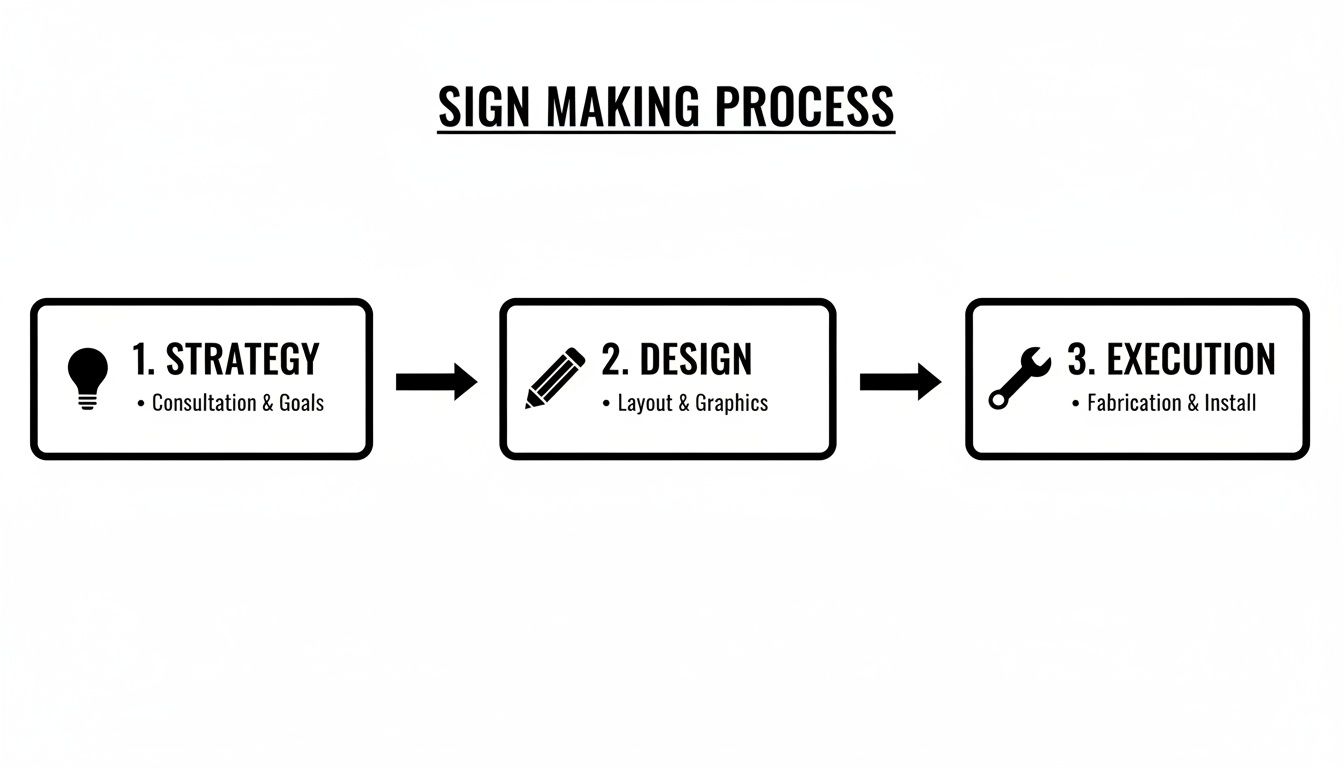 A clear flowchart illustrating the three steps of the sign making process: strategy, design, and execution, with corresponding icons.