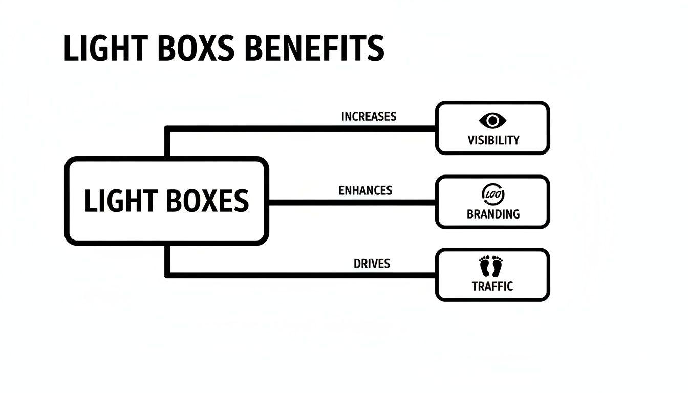 A clear diagram showing the benefits of light boxes, highlighting increased visibility, enhanced branding, and driven traffic.
