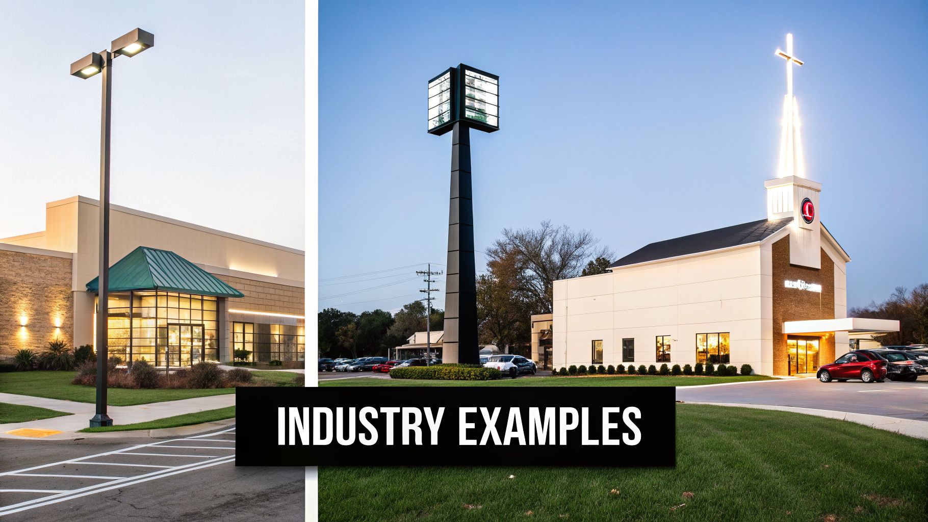 Various illuminated outdoor signs and commercial buildings at dusk, including a tall light box and a church with a glowing cross.