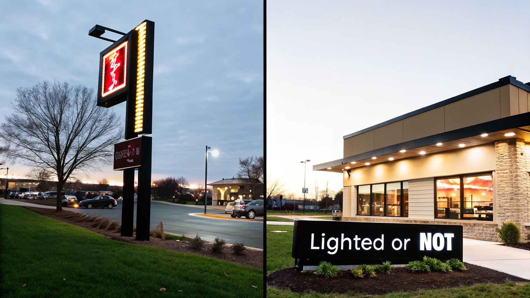 Split image of two outdoor commercial settings, featuring a tall lighted pole sign and a building with a ground sign.
