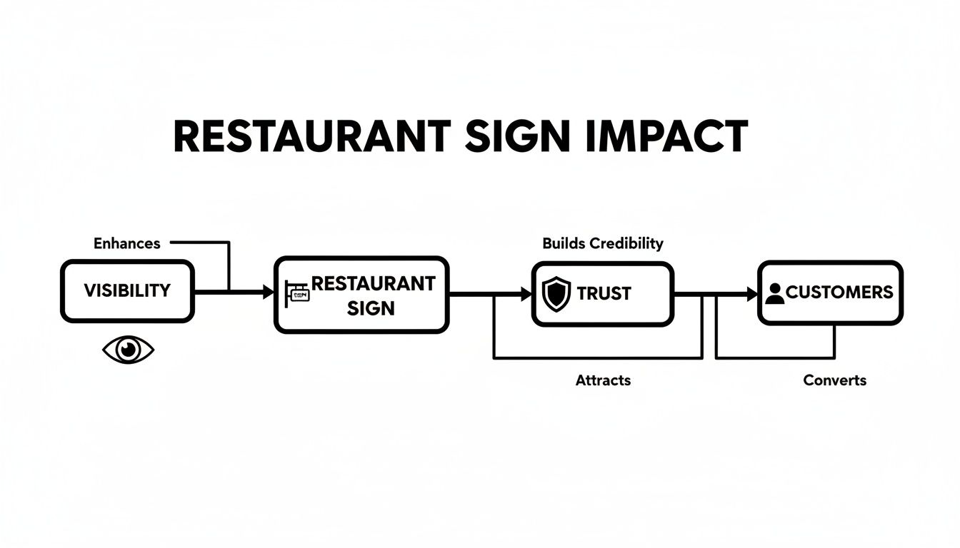 A flowchart illustrating how restaurant signs enhance visibility, build trust, attract, and convert customers.