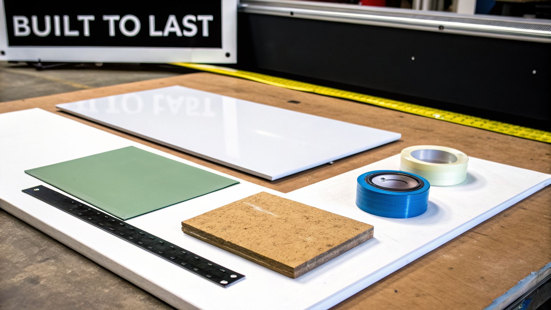 Materials and tools for sign making, including white boards, green sheet, ruler, and tape.