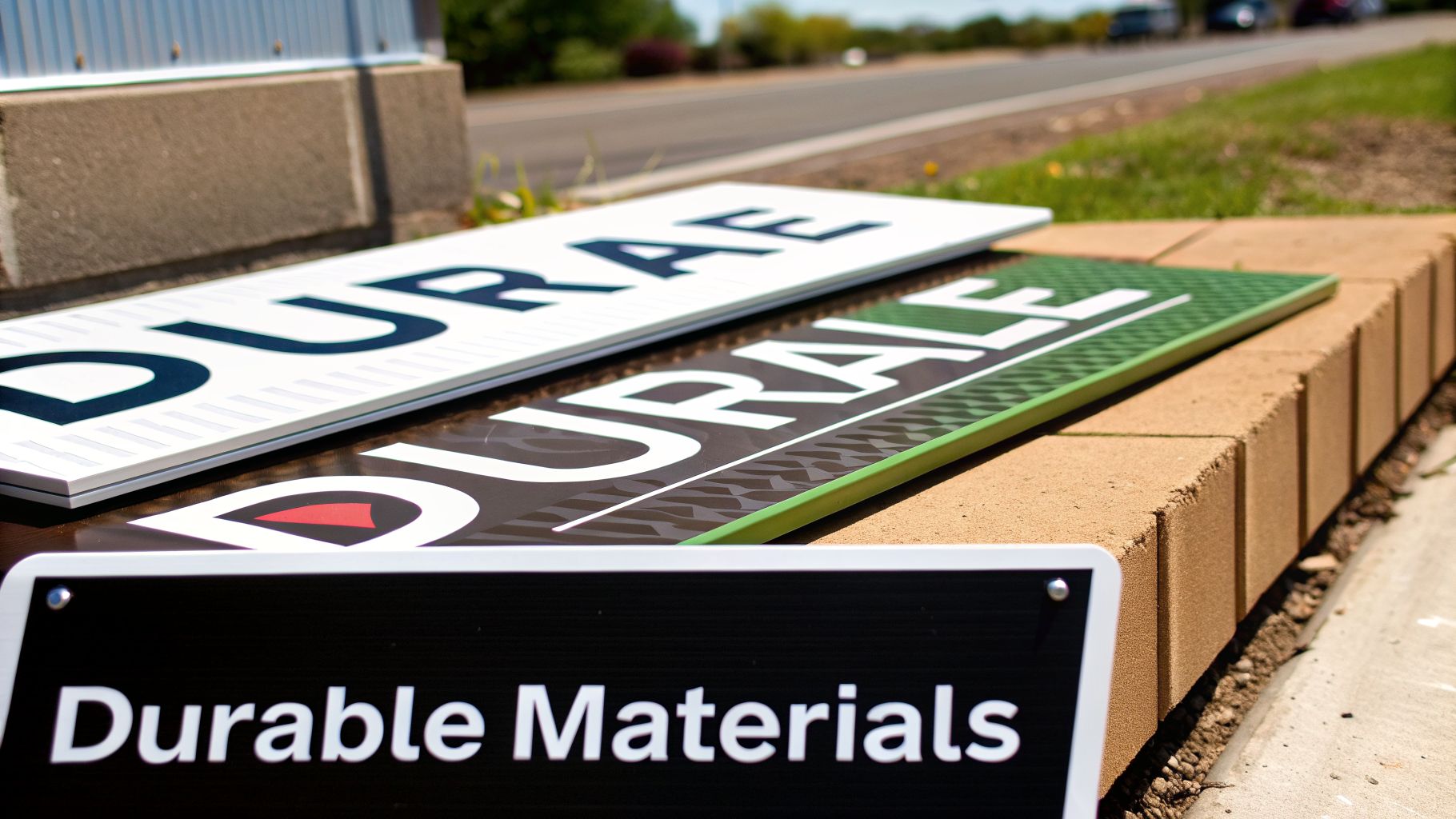 Three DURALE and Durable Materials signs laying on a brick curb next to a road.