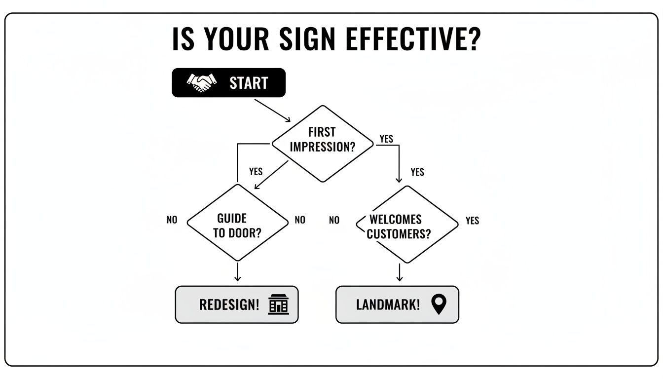 Flowchart evaluating sign effectiveness through questions about first impression, guidance, and welcome.