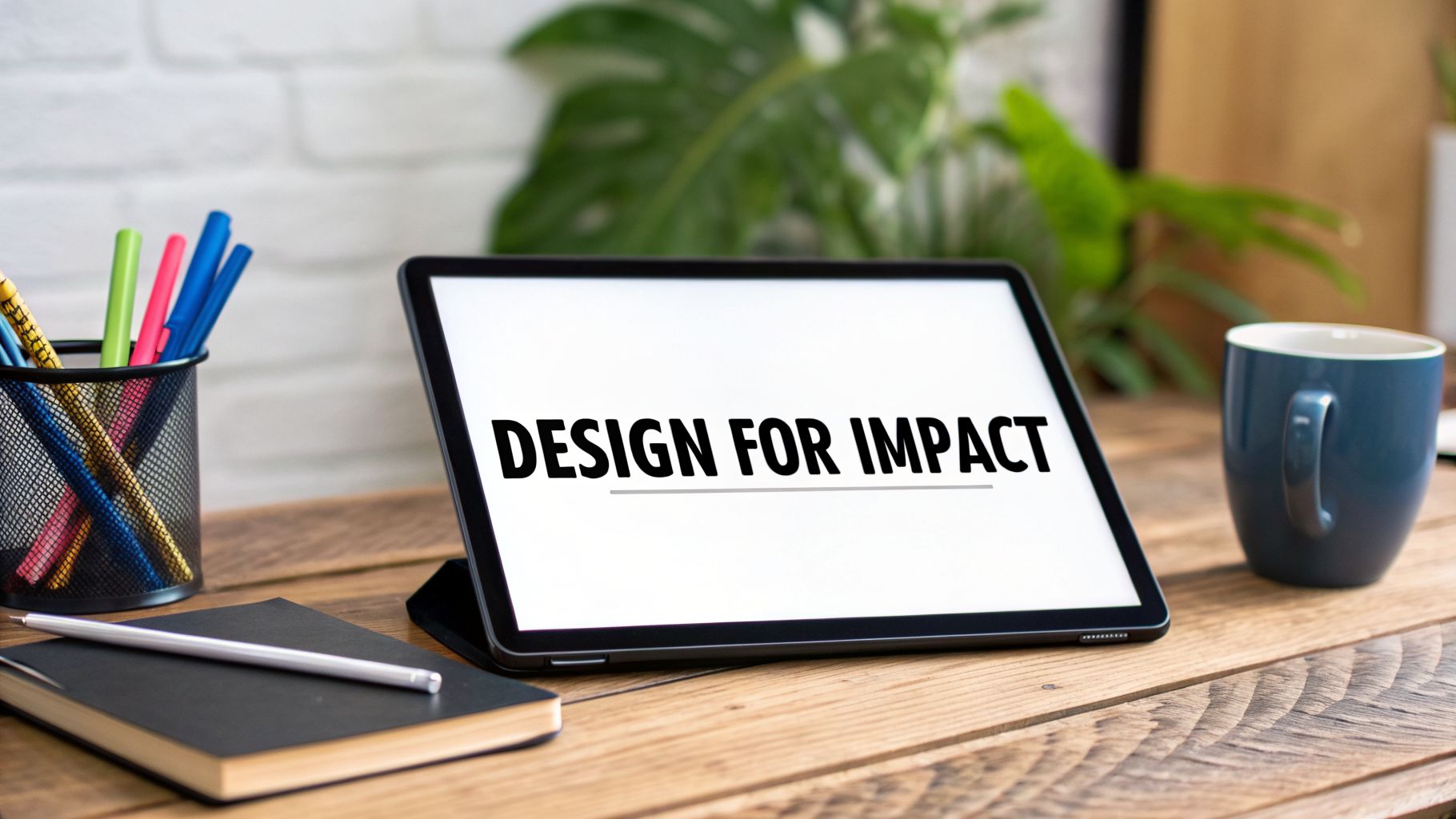A digital tablet displaying 'DESIGN FOR IMPACT' on a wooden desk with office supplies and a mug.