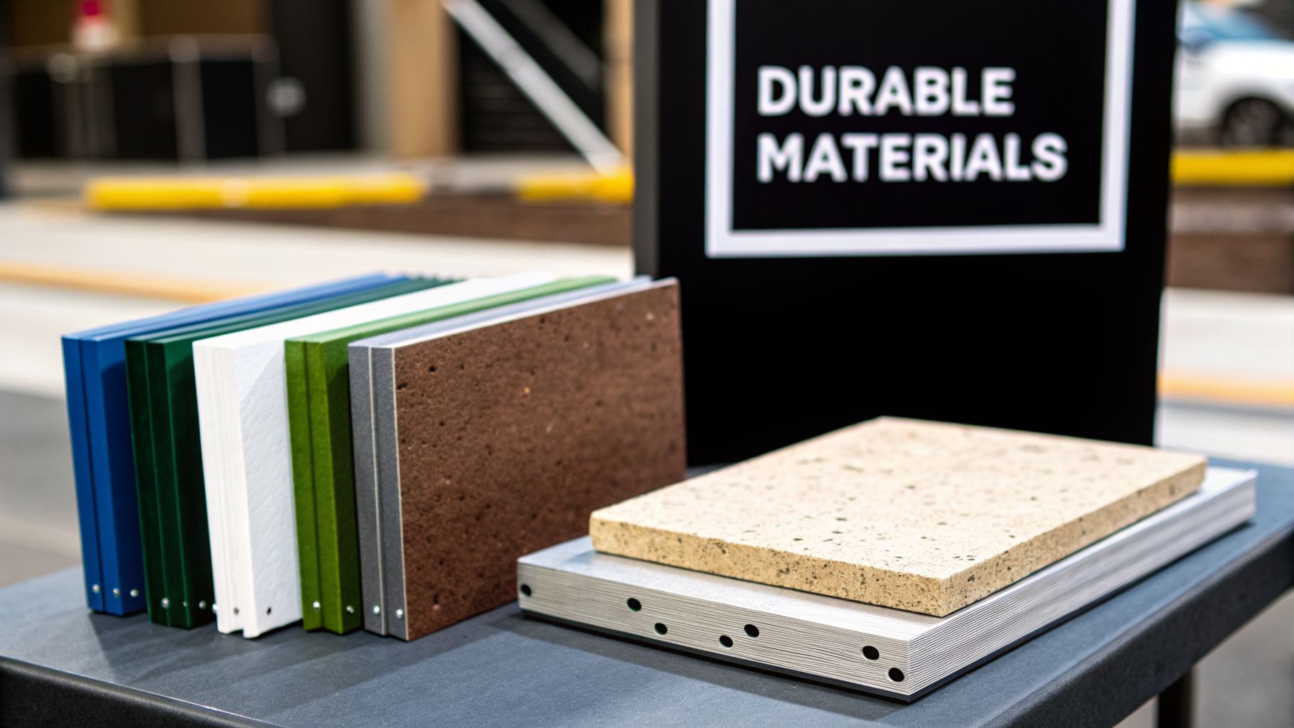 A display of colorful material samples and stacked boards next to a 'DURABLE MATERIALS' sign.