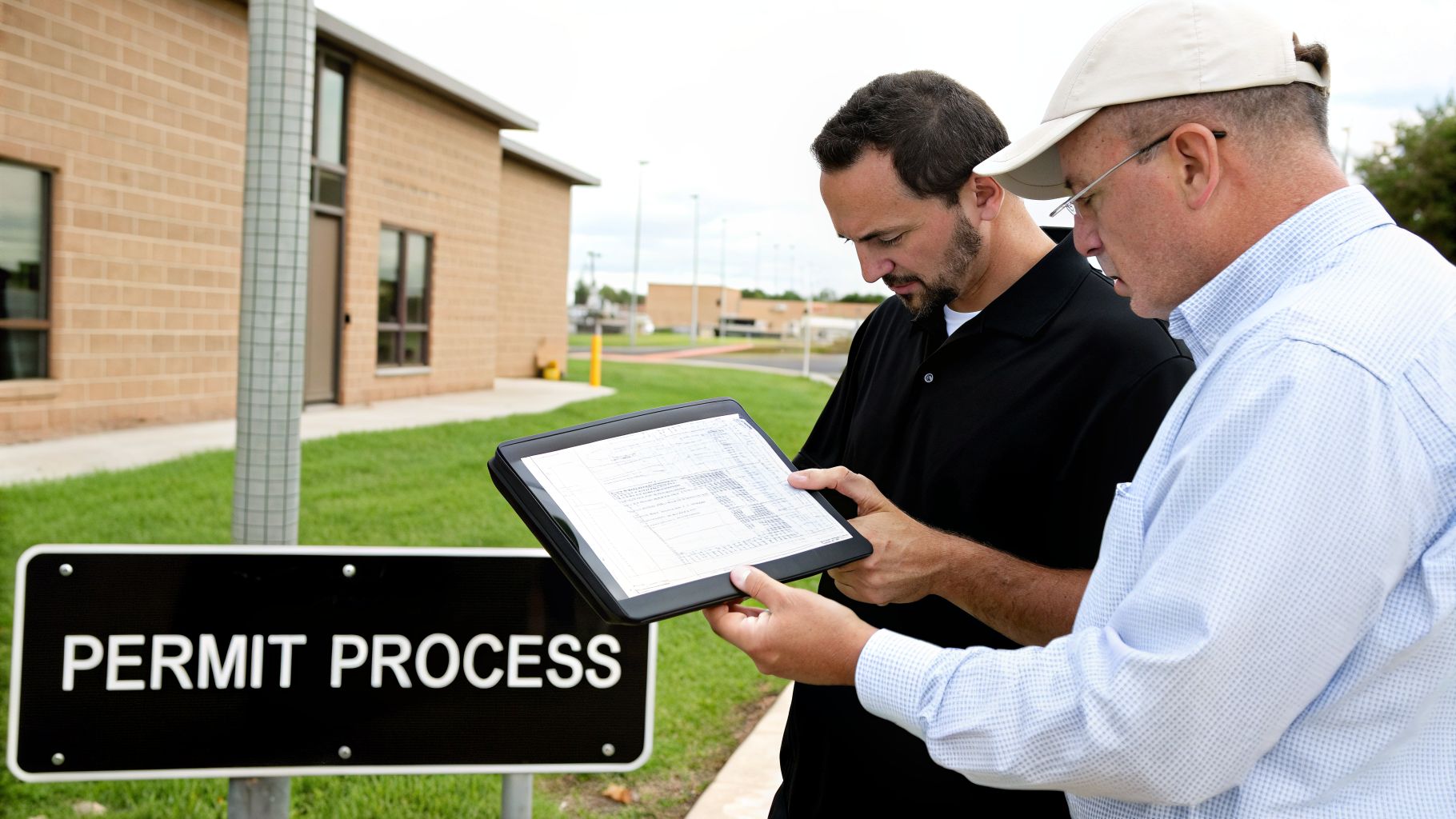 Two men discussing construction plans on a digital tablet next to a 'Permit Process' sign.