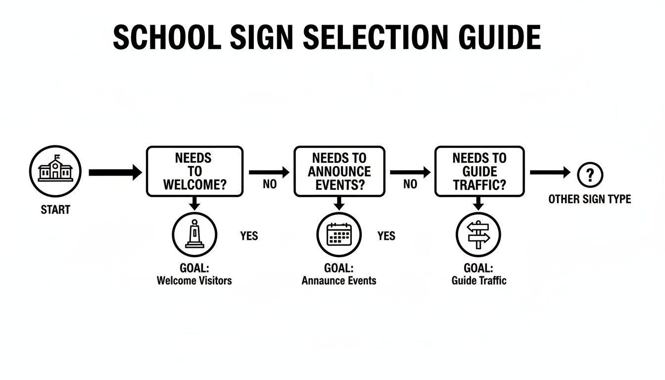 Flowchart guiding selection of school signs based on whether they need to welcome, announce events, or guide traffic.