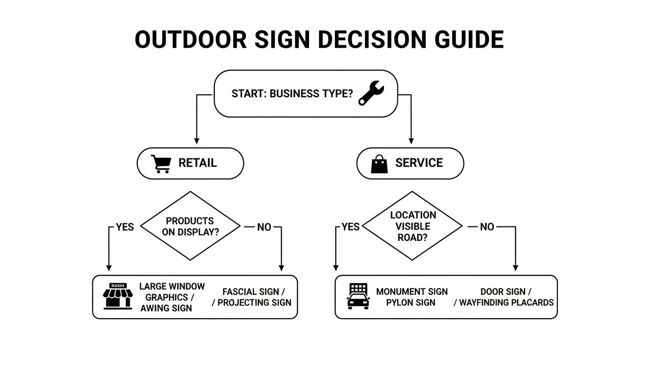 A flowchart decision guide for businesses to choose outdoor signs based on type and visibility.
