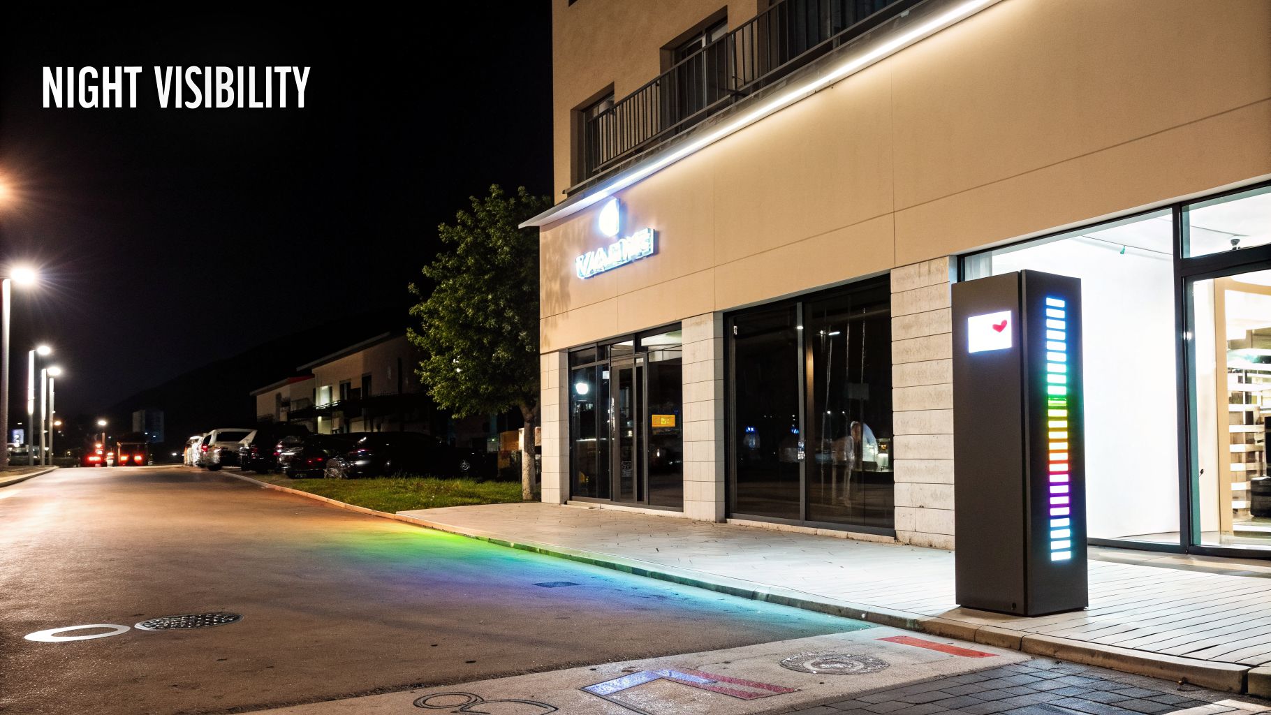 A modern storefront glows brightly at night with a VARIME sign and a colorful LED display.