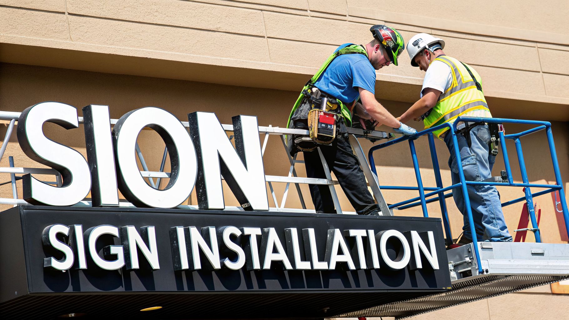 Two workers on a lift installing a large white and black 'SION SIGN INSTALLATION' sign.