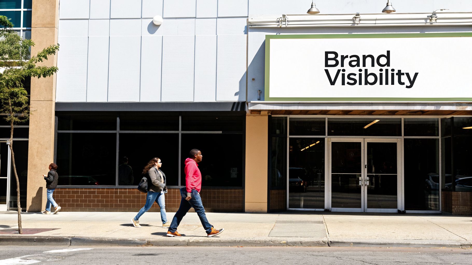 People walk on a sunny street past a modern building with a large 'Brand Visibility' sign.