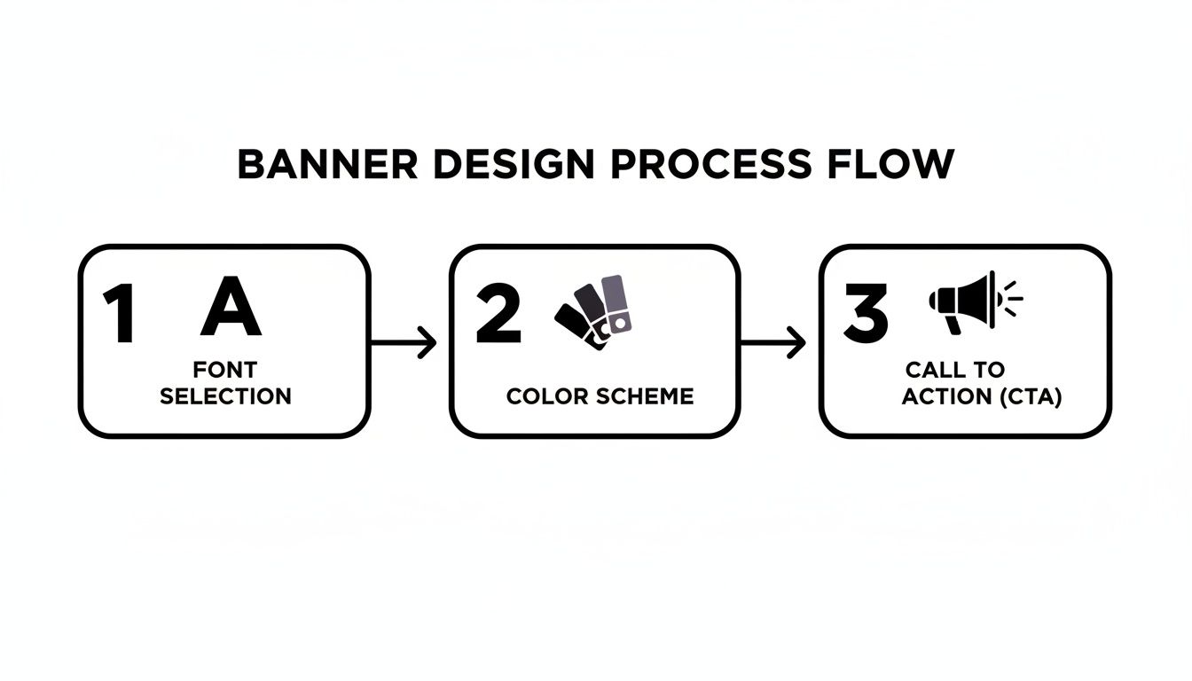 Flowchart showing three steps of banner design: font selection, color scheme, and call to action.