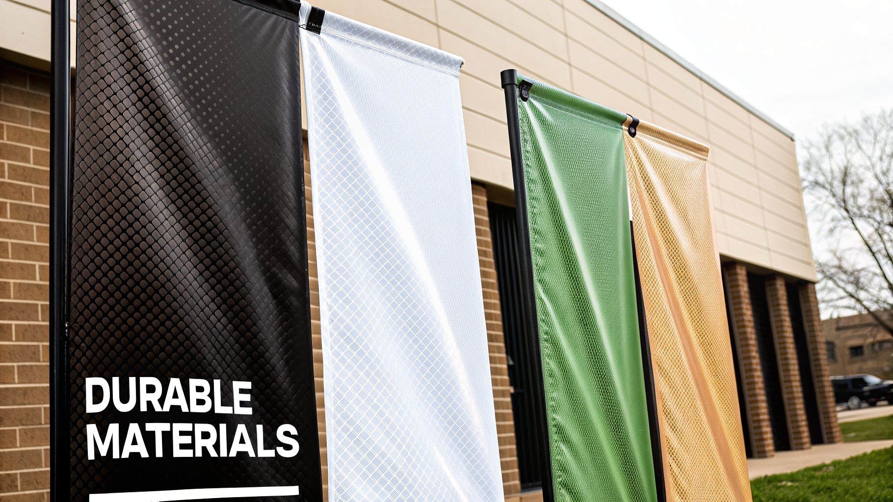 Four colorful, textured advertising banners displaying 'DURABLE MATERIALS' outdoors by a building.