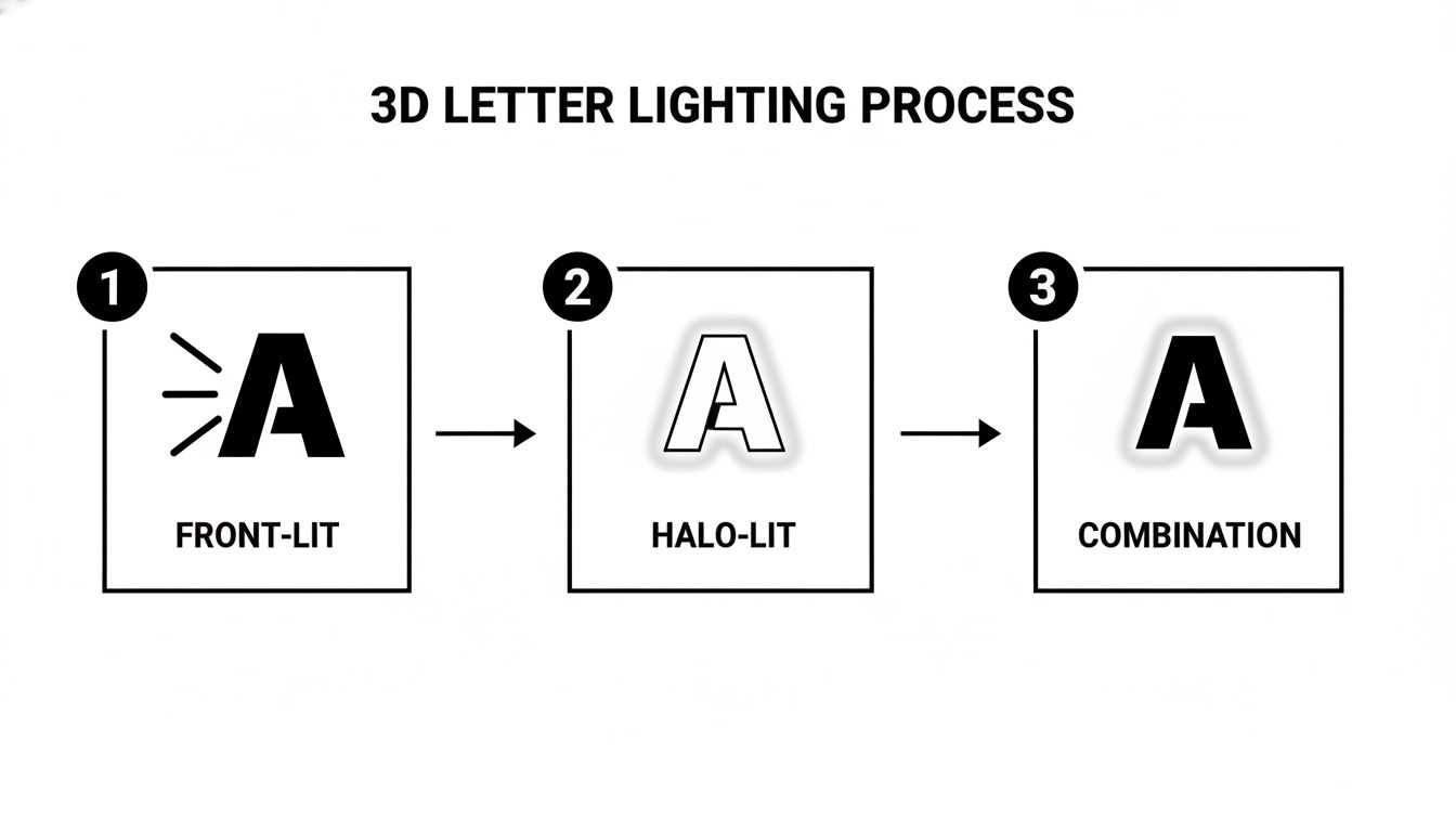 Diagram showing three 3D letter lighting options: front-lit, halo-lit, and combination.